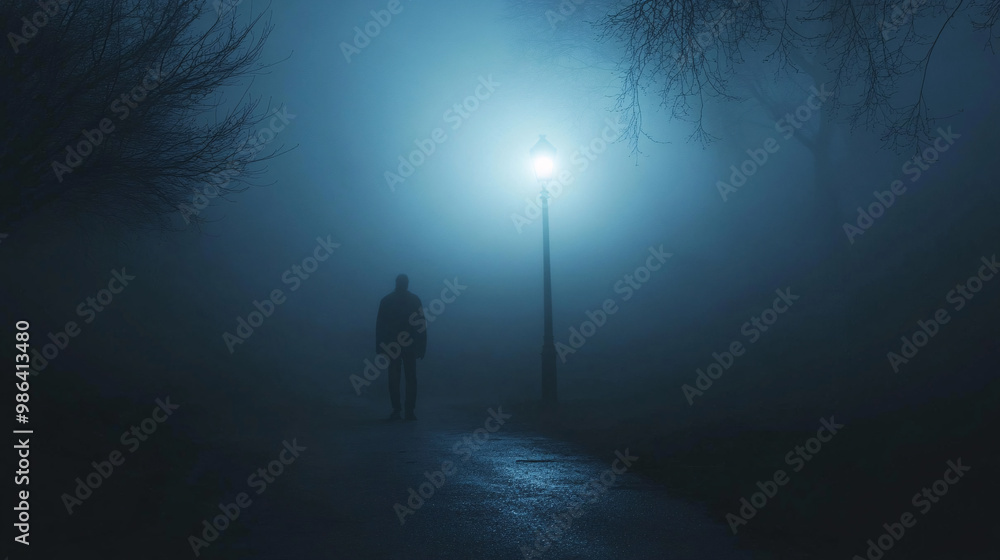 Fototapeta premium Creepy figure standing under a flickering streetlight in the fog