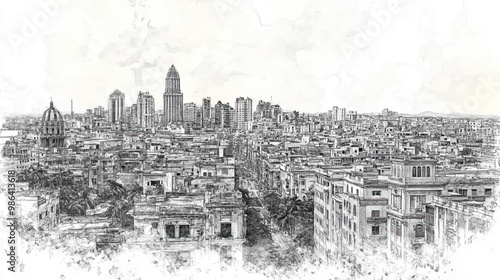 Santiago de Cuba, Cuba, black and white pen pencil hand-drawn effect drawing illustration for travel poster, card, wallpaper, backdrop or banner. Modern, clear, artistic and simple