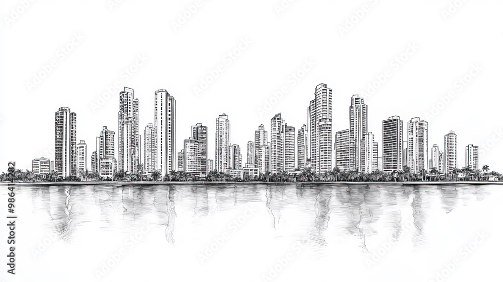 Obraz premium Santiago de Veraguas, Panama, black and white pen pencil hand-drawn effect drawing illustration for travel poster, card, wallpaper, backdrop or banner. Modern, clear, artistic and simple