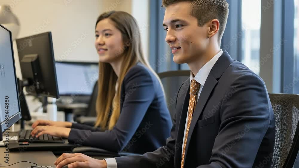Two people in suits are working on a computer. One of them is smiling. The man is wearing a tie Two people in suits are working on a computer. One of them is smiling. The man is wearing a tie