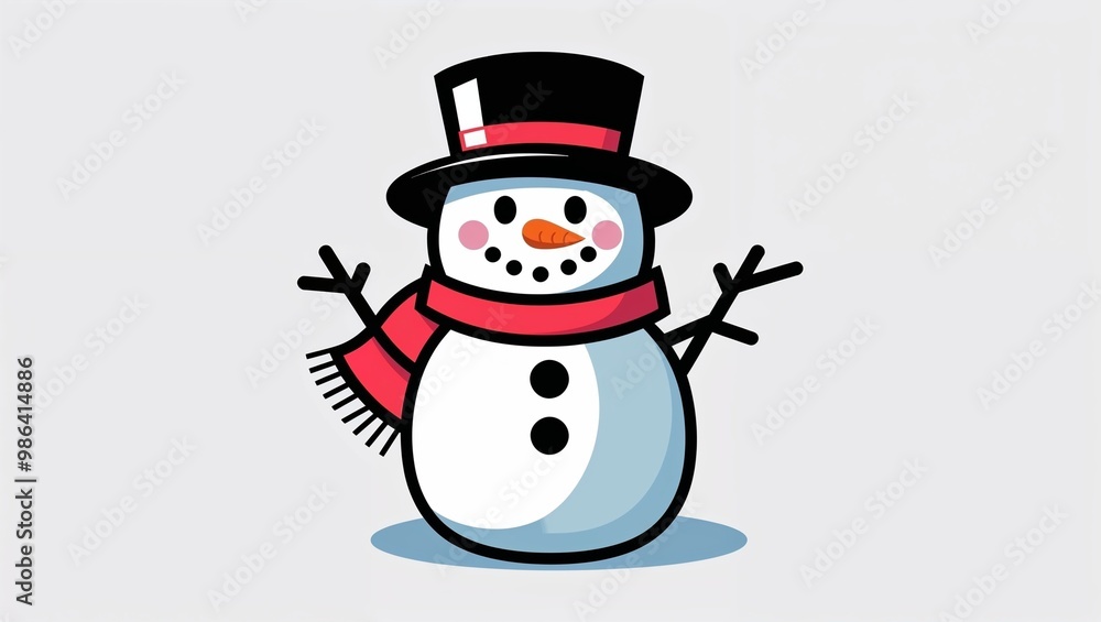 Cute chibi-style snowman with top hat and red scarf on white background with copy space Cute chibi-style snowman with top hat and red scarf on white background with copy space