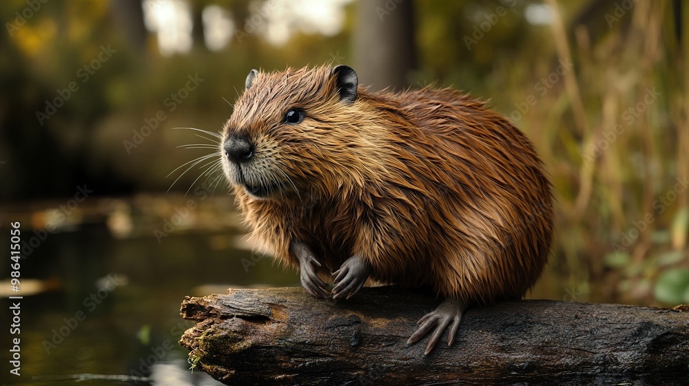 Close-up Portrait of a Wet Beaver on a Log Close-up Portrait of a Wet Beaver on a Log