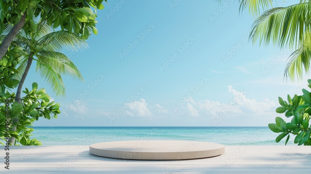 Fototapeta premium Tropical Beach Scene with Clear Blue Sky and Green Palms
