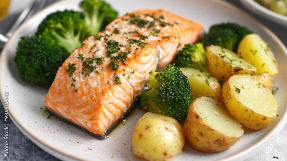 Grilled Salmon Fillet with Roasted Potatoes and Steamed Broccoli. Grilled Salmon Fillet with Roasted Potatoes and Steamed Broccoli.