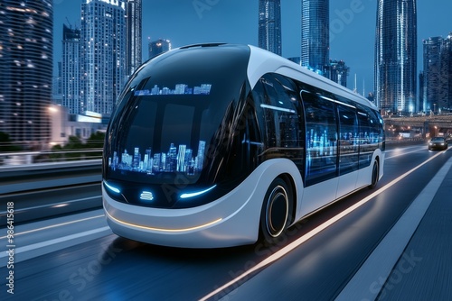 A futuristic electric bus traveling through a smart city, showcasing innovative and sustainable urban transportation