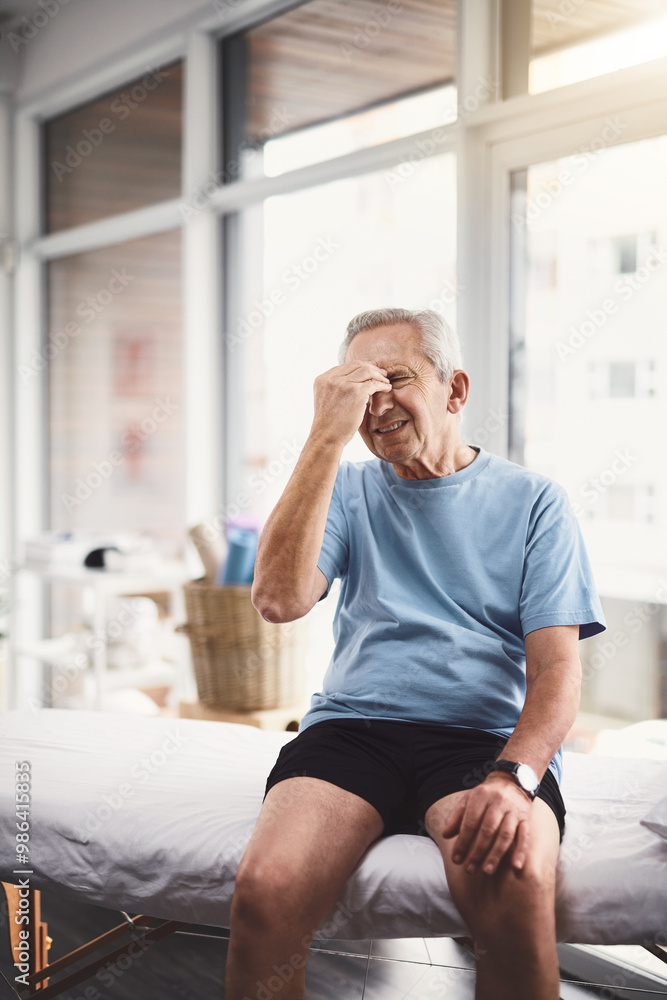 Headache, sick and old man in rehabilitation center for holistic healing, chiropractor and physiotherapy. Healthcare, muscle tension and accident with senior patient in physical therapy clinic Headache, sick and old man in rehabilitation center for holistic healing, chiropractor and physiotherapy. Healthcare, muscle tension and accident with senior patient in physical therapy clinic