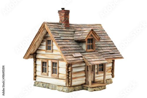 Traditional wooden cottage with a steep roof and chimney ,Isolated on transparent background