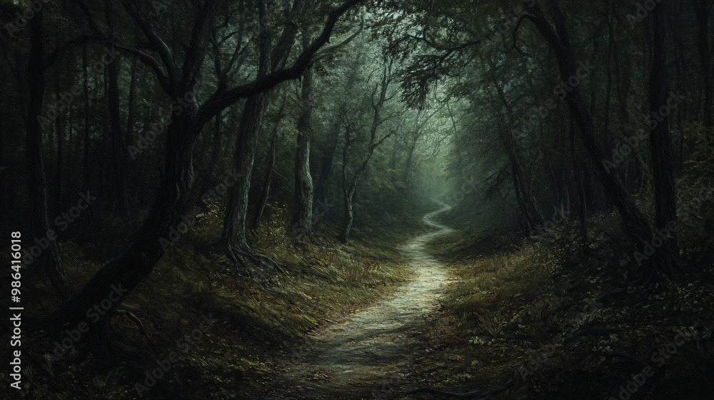 Obraz premium Haunted forest path with eerie shadows and twisted branches