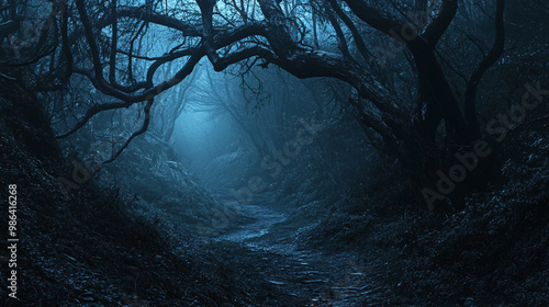 Haunted forest path with eerie shadows and twisted branches