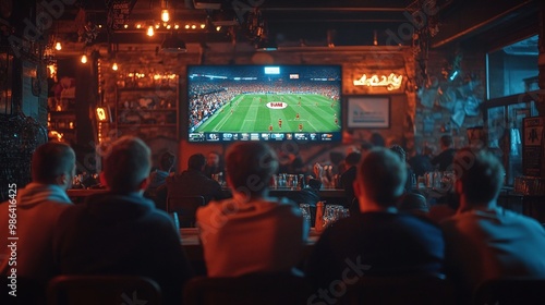 Fototapeta Naklejka Na Ścianę i Meble -  group of excited football fans watching a live match on TV in a sports bar, cheering and enjoying the game as they support their team in a fun and energetic atmosphere