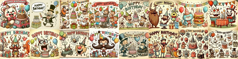 Fototapeta premium Vintage cartoon Happy Birthday. AI generated illustration