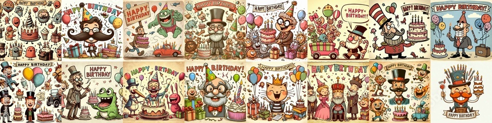 Naklejka premium Vintage cartoon Happy Birthday. AI generated illustration