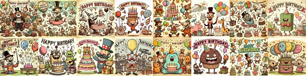 Fototapeta premium Vintage cartoon Happy Birthday. AI generated illustration