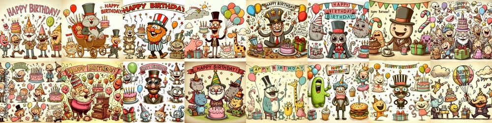 Fototapeta premium Vintage cartoon Happy Birthday. AI generated illustration