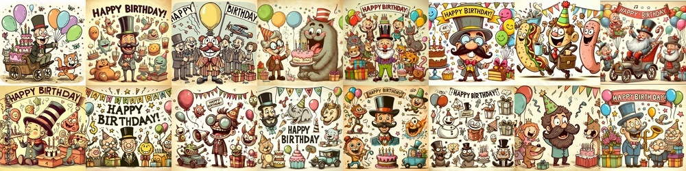 Fototapeta premium Vintage cartoon Happy Birthday. AI generated illustration