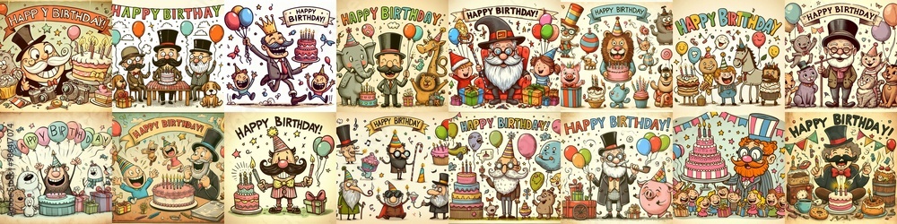 Fototapeta premium Vintage cartoon Happy Birthday. AI generated illustration