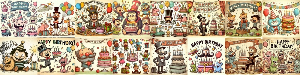 Fototapeta premium Vintage cartoon Happy Birthday. AI generated illustration