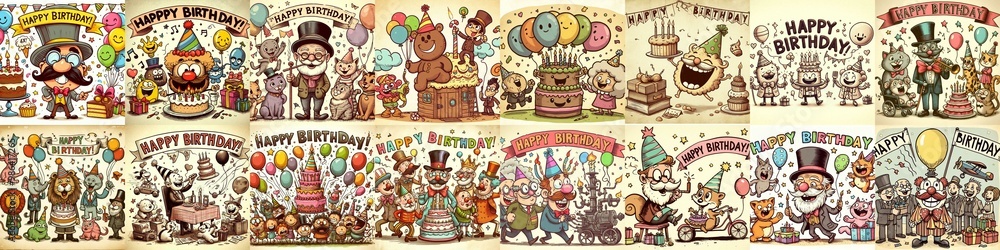 Naklejka premium Vintage cartoon Happy Birthday. AI generated illustration