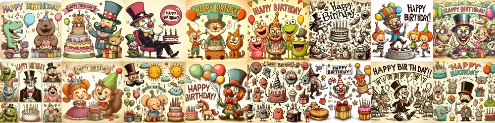Naklejka premium Vintage cartoon Happy Birthday. AI generated illustration