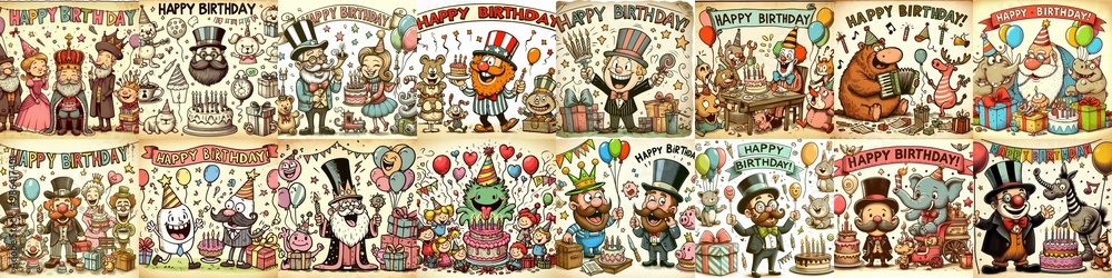 Fototapeta premium Vintage cartoon Happy Birthday. AI generated illustration