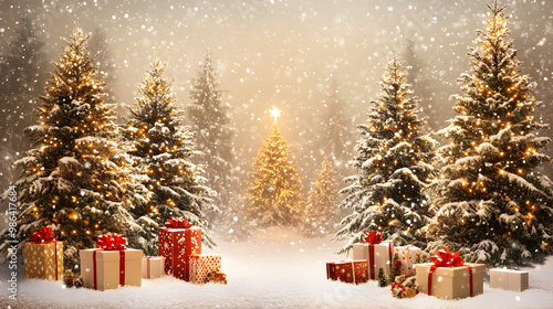 fondo de un paisaje frio y nevando en invierno iluminado y con arboles decorados y regalos de navidad para celebracion navideña 