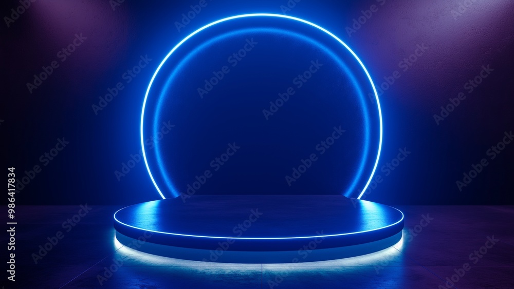Blank podium with circle blue neon lights. Suitable for promoting products Blank podium with circle blue neon lights. Suitable for promoting products