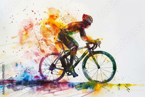 Dynamic watercolor painting of a cyclist racing through a vibrant landscape, showcasing energy and movement. photo