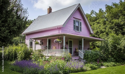 Pink house with a porch and flower garden.