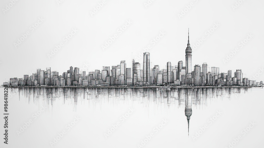 Fototapeta premium Seoul, South Korea, black and white pen pencil hand-drawn effect drawing illustration for travel poster, card, wallpaper, backdrop or banner. Modern, clear, artistic and simple