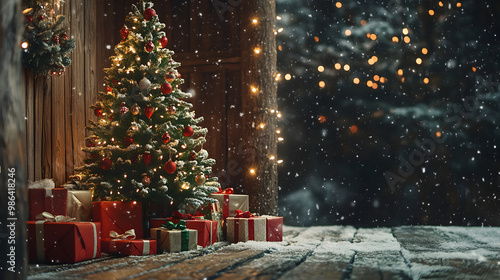 un arbol de navidad afuera de una casa al exterior con un clima frio nevando con iluminacion y regalos navideños un paisaje navideño de celebracion y amor