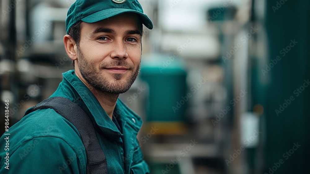 green-uniformed employee at a sewage treatment plant, posing in front of domestic wastewater facilities, emphasizing safety, water treatment, and environmental engineering green-uniformed employee at a sewage treatment plant, posing in front of domestic wastewater facilities, emphasizing safety, water treatment, and environmental engineering