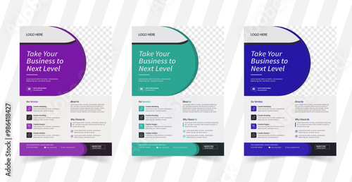 A bundle of 3 templates of different colors a4 flyer template, modern flyer template, abstract business flyer and creative design, editable vector template.
