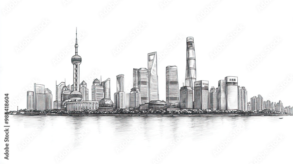 Naklejka premium Shanghai, China, black and white pen pencil hand-drawn effect drawing illustration for travel poster, card, wallpaper, backdrop or banner. Modern, clear, artistic and simple