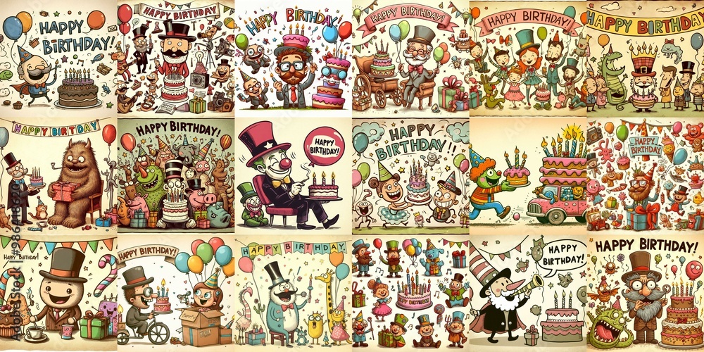 Fototapeta premium Vintage cartoon Happy Birthday. AI generated illustration