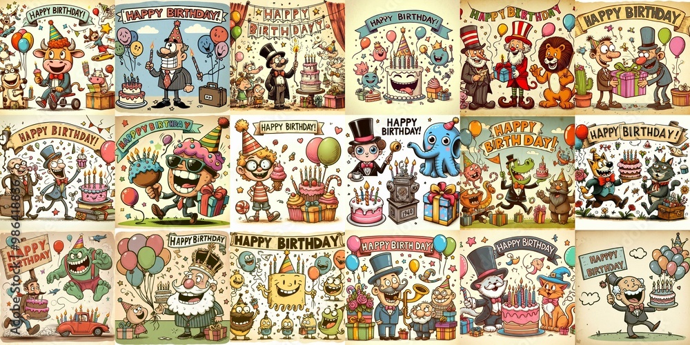 Obraz premium Vintage cartoon Happy Birthday. AI generated illustration