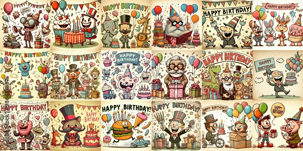 Naklejka premium Vintage cartoon Happy Birthday. AI generated illustration