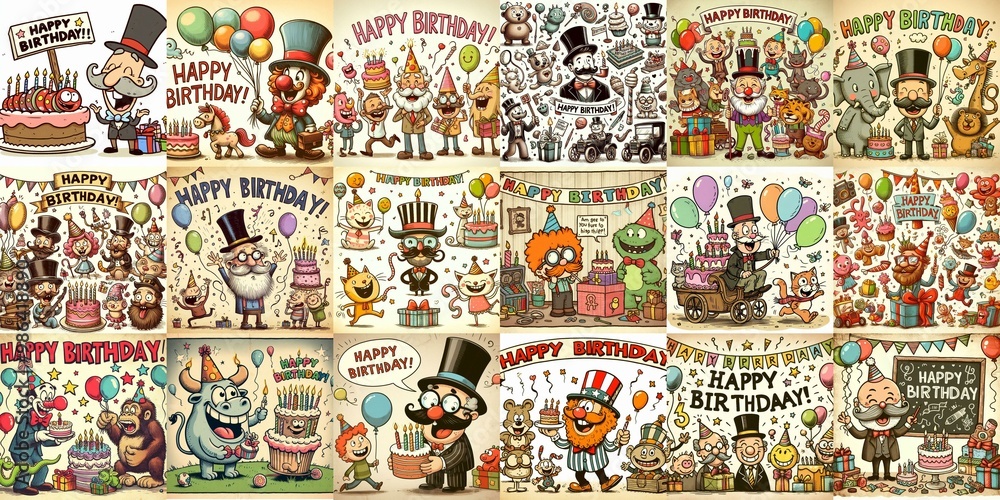 Obraz premium Vintage cartoon Happy Birthday. AI generated illustration