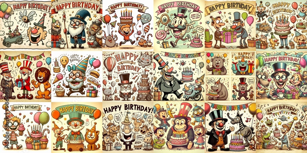 Obraz premium Vintage cartoon Happy Birthday. AI generated illustration