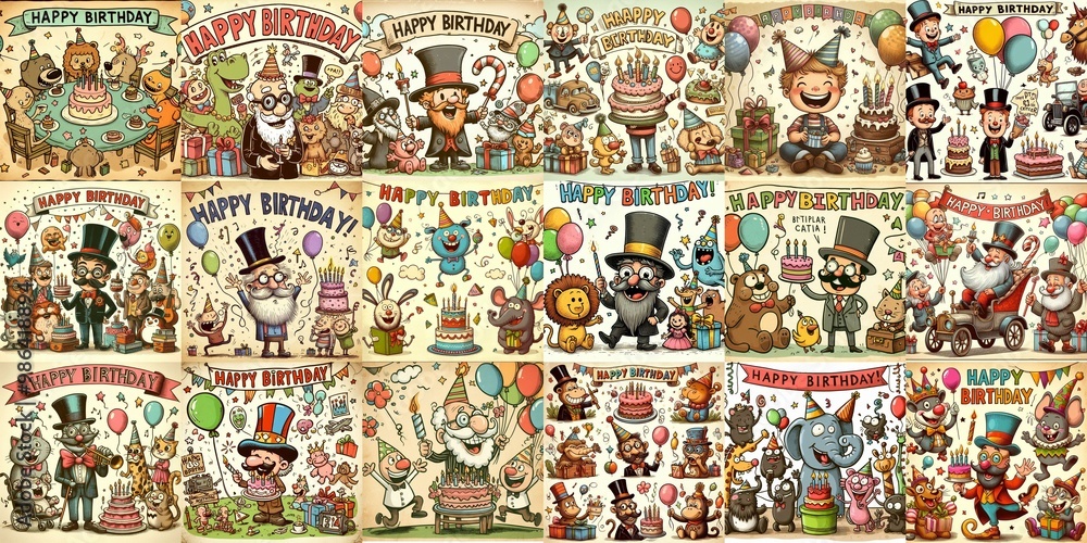Naklejka premium Vintage cartoon Happy Birthday. AI generated illustration