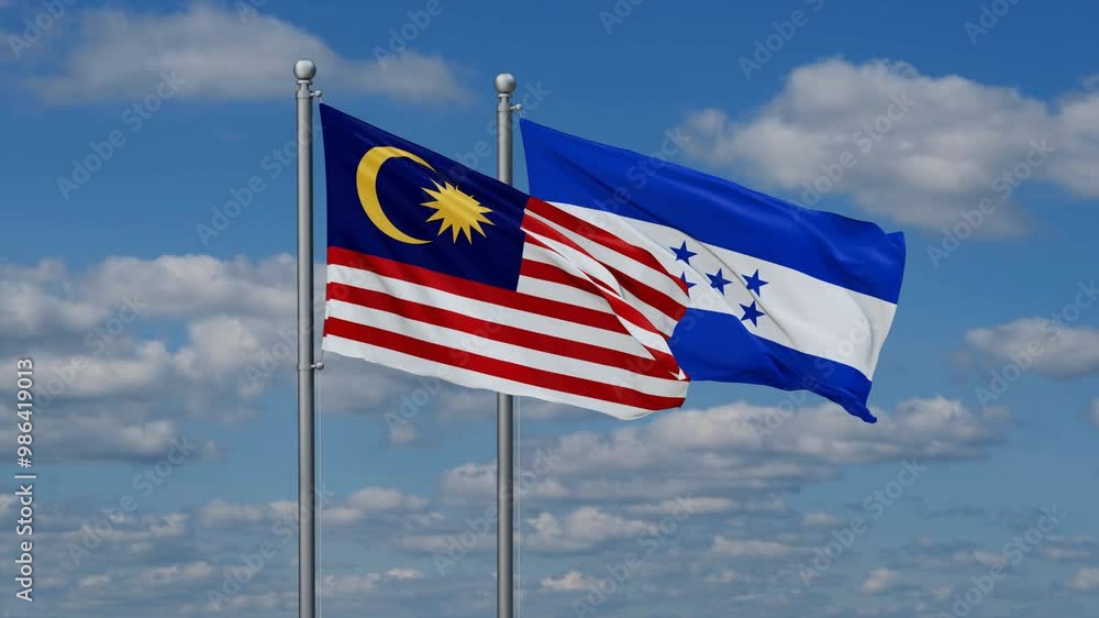 Honduras and Malaysia flags flying together, video concept of the relationship, two country relations concept Honduras and Malaysia flags flying together, video concept of the relationship, two country relations concept