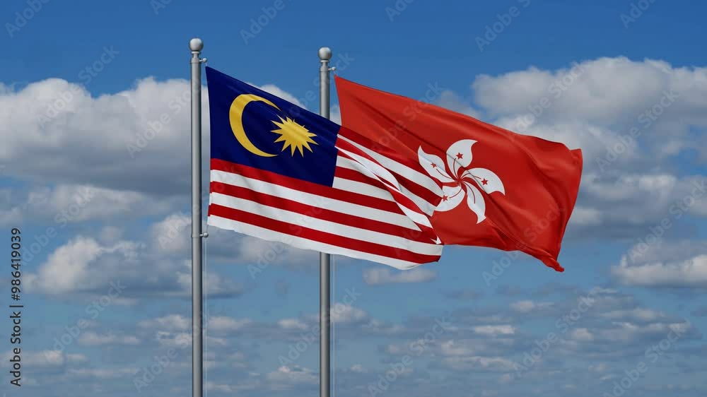 Hong Kong and Malaysia flags flying together, video concept of the relationship, two country relations concept Hong Kong and Malaysia flags flying together, video concept of the relationship, two country relations concept