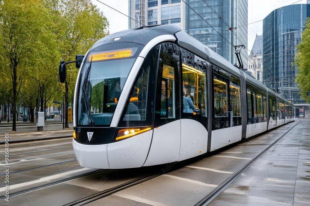 Naklejka premium A modern electric tram traveling through a city, representing efficient and sustainable public transportation