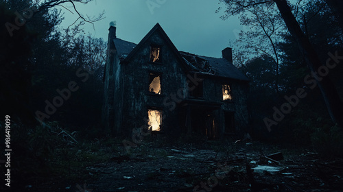 Haunted house with flickering lights and broken windows