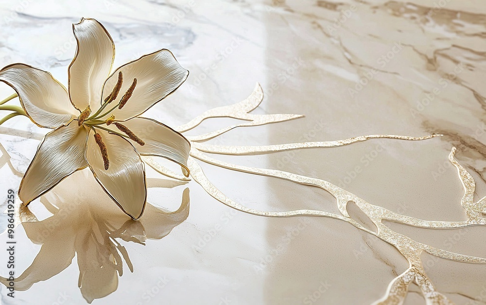 Delicate white tulip resting on a beautiful marbled stone surface in soft natural light Delicate white tulip resting on a beautiful marbled stone surface in soft natural light