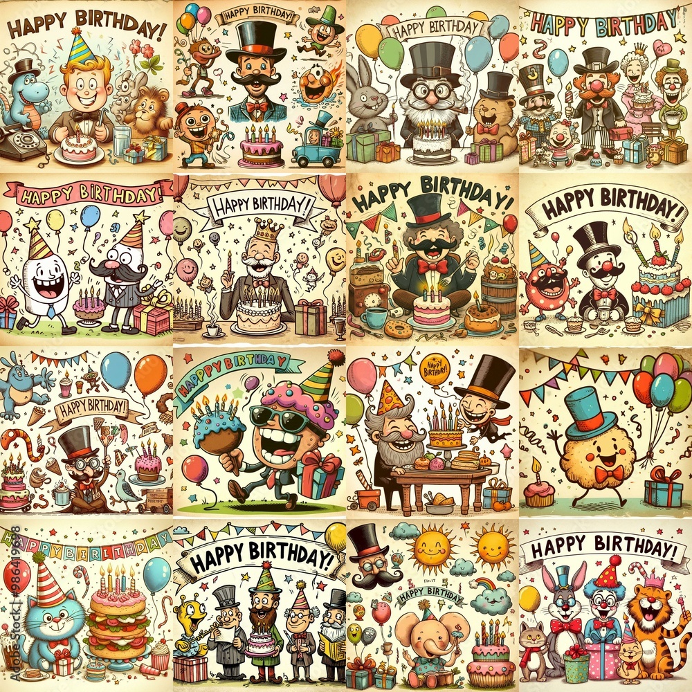 Obraz premium Vintage cartoon Happy Birthday. AI generated illustration