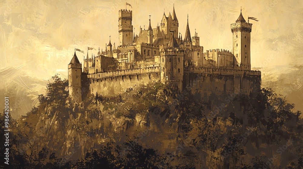 Majestic medieval castle perched atop a hill, surrounded by lush greenery and shrouded in a mysterious, historical atmosphere. Majestic medieval castle perched atop a hill, surrounded by lush greenery and shrouded in a mysterious, historical atmosphere.