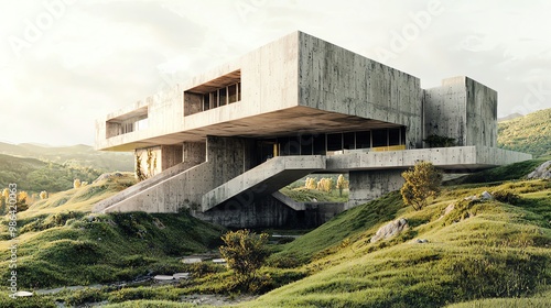 Modern concrete structure in a lush green landscape. The building's unique architecture stands out amidst the natural scenery.