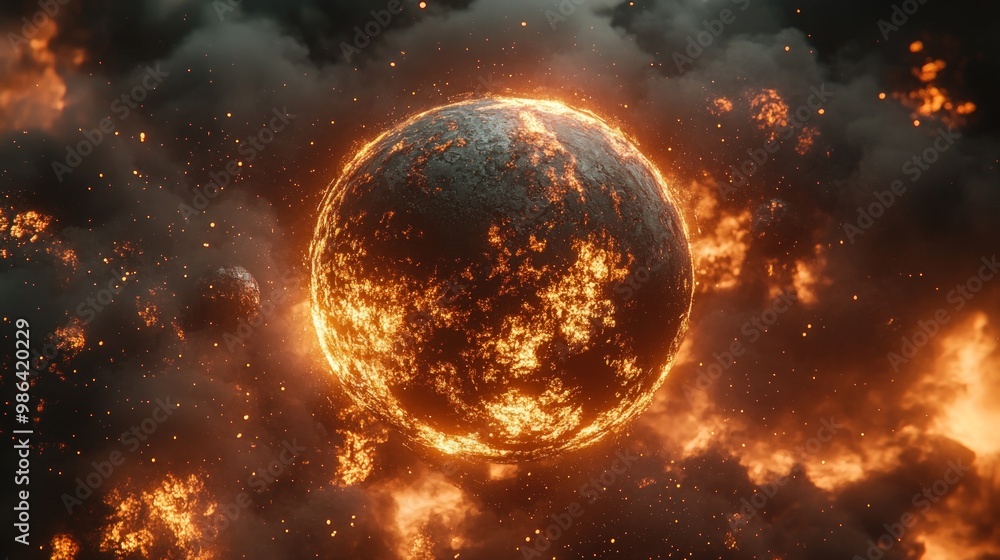 A fiery planet burns in a cosmic storm. A fiery planet burns in a cosmic storm.