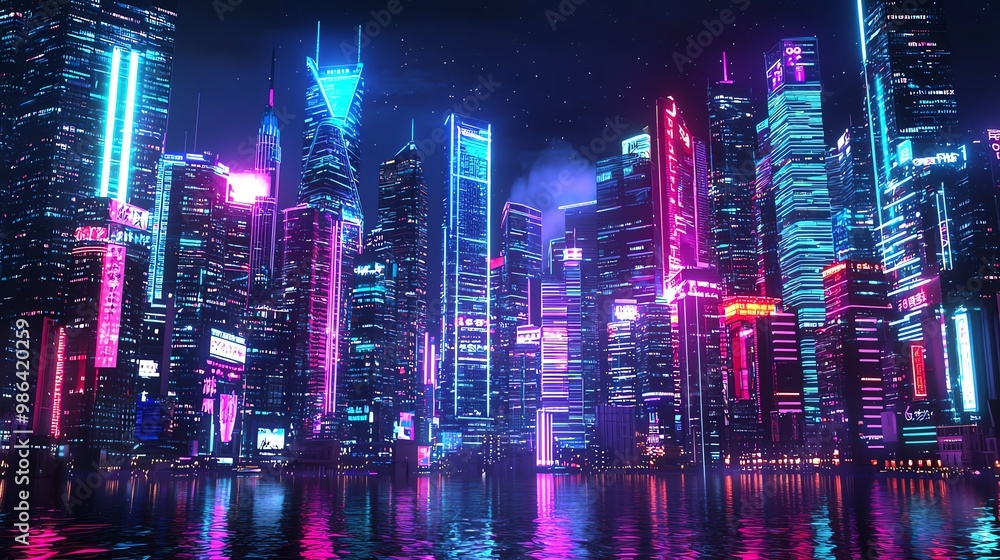Vibrant futuristic cityscape illuminated by neon lights, reflecting on the water, showcasing modern architecture and technological advancement. Vibrant futuristic cityscape illuminated by neon lights, reflecting on the water, showcasing modern architecture and technological advancement.