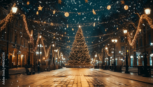 Wallpaper Mural Big Christmas fair.In the center of the square there is a big decorated tree and rides.All around is decorated with bright lights and garlands Torontodigital.ca